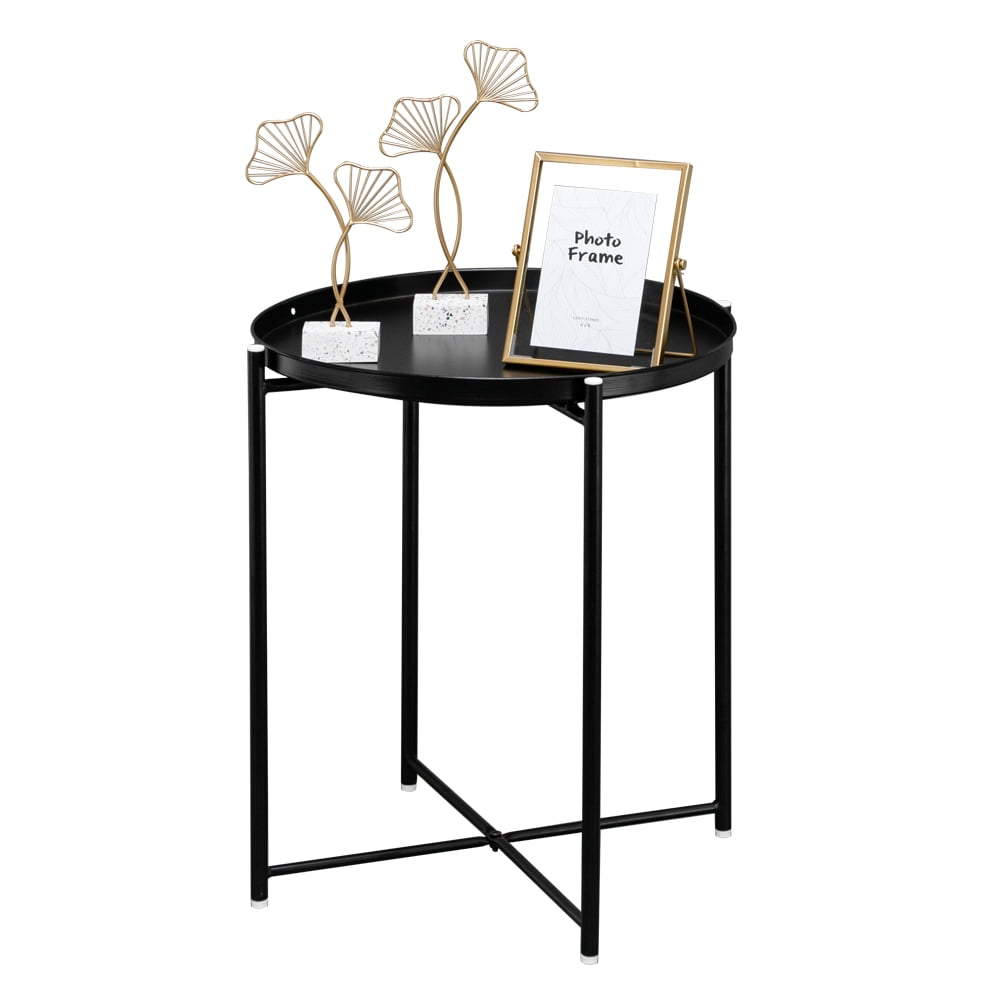 Artisasset Foldable Side Table with Round Metal Countertop and Cross
