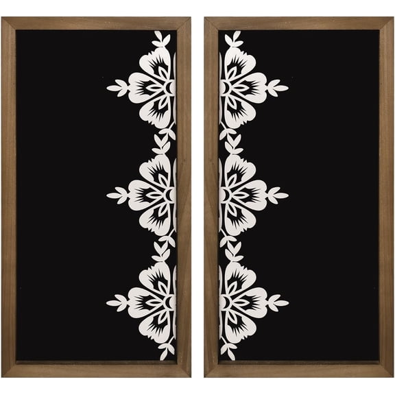 2 Pcs Floral Wall Decor With Wood Framed, Wooden 15.7x7.9 Inchs Black And White Flowers Wall Art, Bedroom Bathroom Living Room Decorations For Home