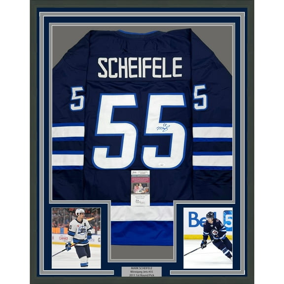 Framed Autographed/Signed Mark Scheifele 35x39 Winnipeg Blue Hockey Jersey JSA COA