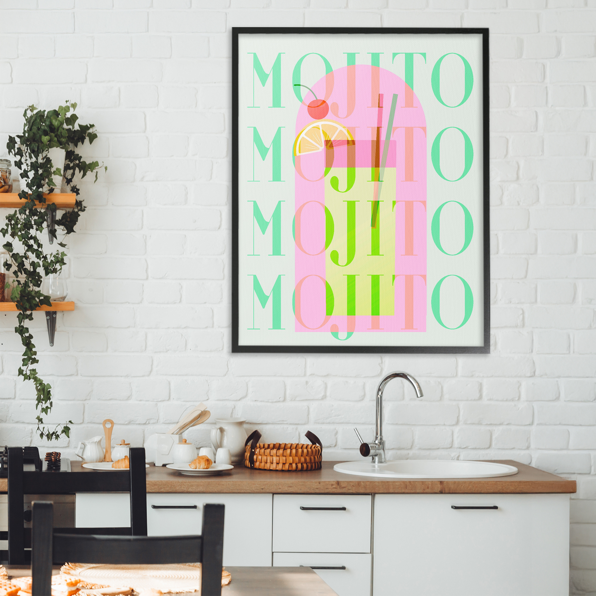 Retro Pastel Mojito Black Framed Giclee Art, design by Lil' Rue