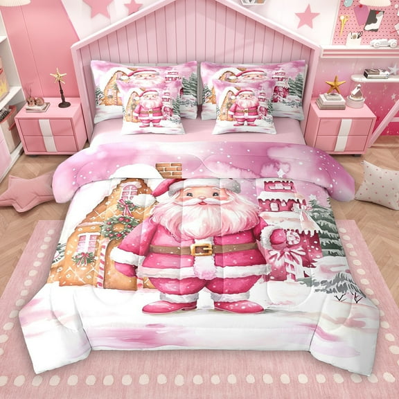 Manfei Girly Pink Santa Claus 7-Piece Twin Bedding Sets, Watercolor Cartoon Bedding Comforter Set, Kawaii Christmas Theme Reversible Sheet Sets, Luxury Bedroom Decor