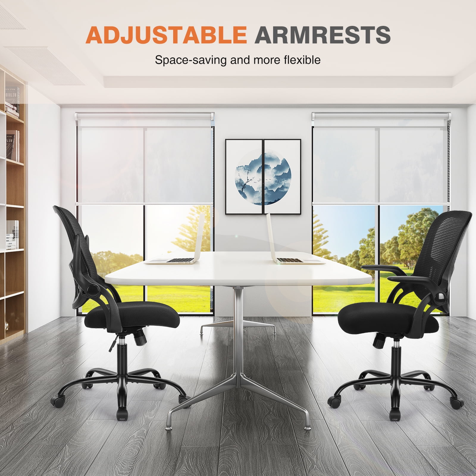 JOINSUN Office Computer Desk Chair, Ergonomic Mesh Mid-Back Rolling Work Swivel Task Chairs with Lumbar Support and Flip-up Arms for Home, Bedroom, Black