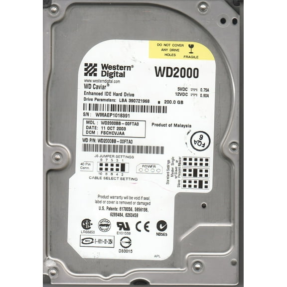 WD2000BB-00FTA0, DCM FSCHCVJAA, Western Digital 200GB IDE 3.5 Hard Drive