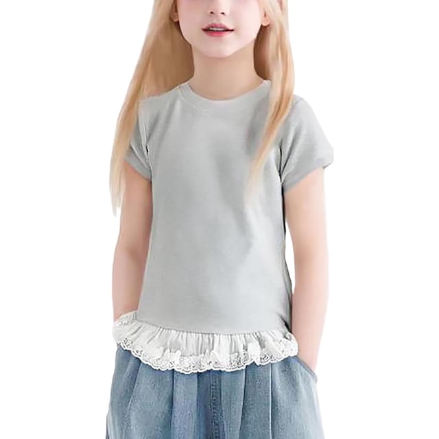 zbxnLI T-Shirts à Manches Courtes pour Filles, Ourlet en Dentelle, Col Rond, Blouses Décontractées Mignonnes