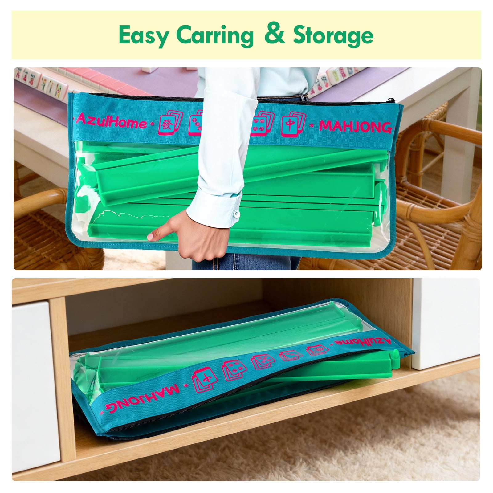 4-in-1 Green Acrylic Mahjong Tile Rack with Built-in Pusher for American Mahjong​