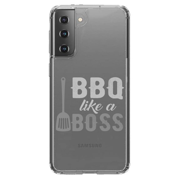 DistinctInk Clear Shockproof Hybrid Case for Galaxy S21 5G (6.2" Screen) - TPU Bumper Acrylic Back Tempered Glass Screen Protector - BBQ Like a Boss Barbecue