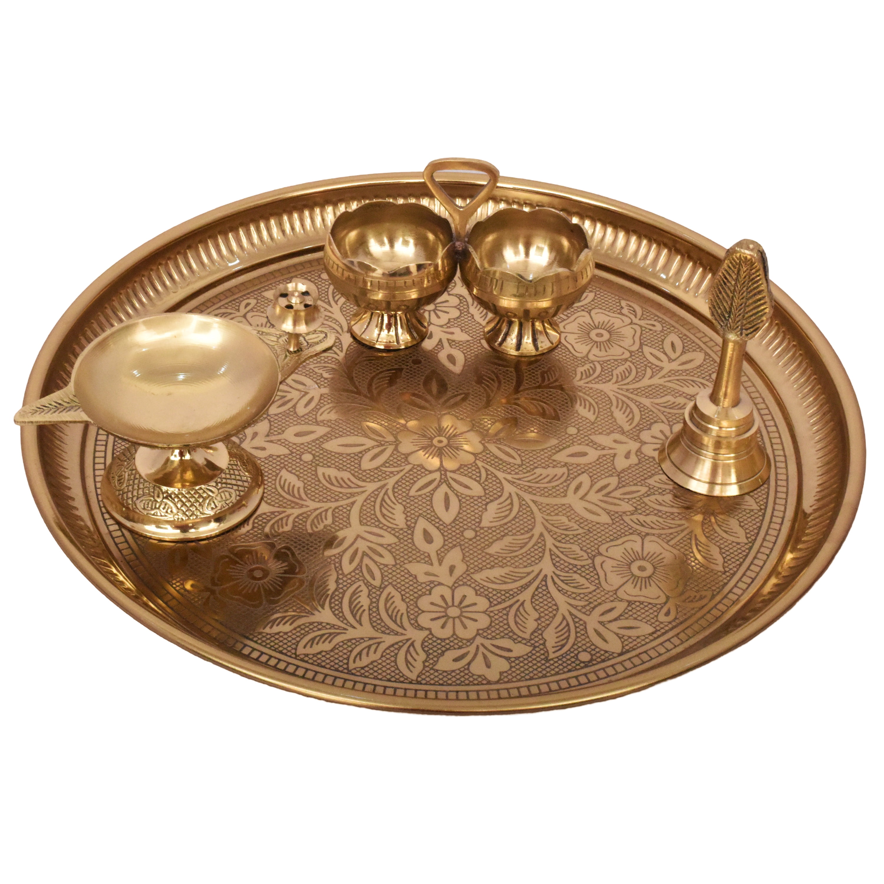 4 Count Metal Puja Thali Set included Brass Bell, Brass Diya, Brass Kum Kum Holder, Diwali decoration, Gold Finish, 11 inch, by Way To Celebrate