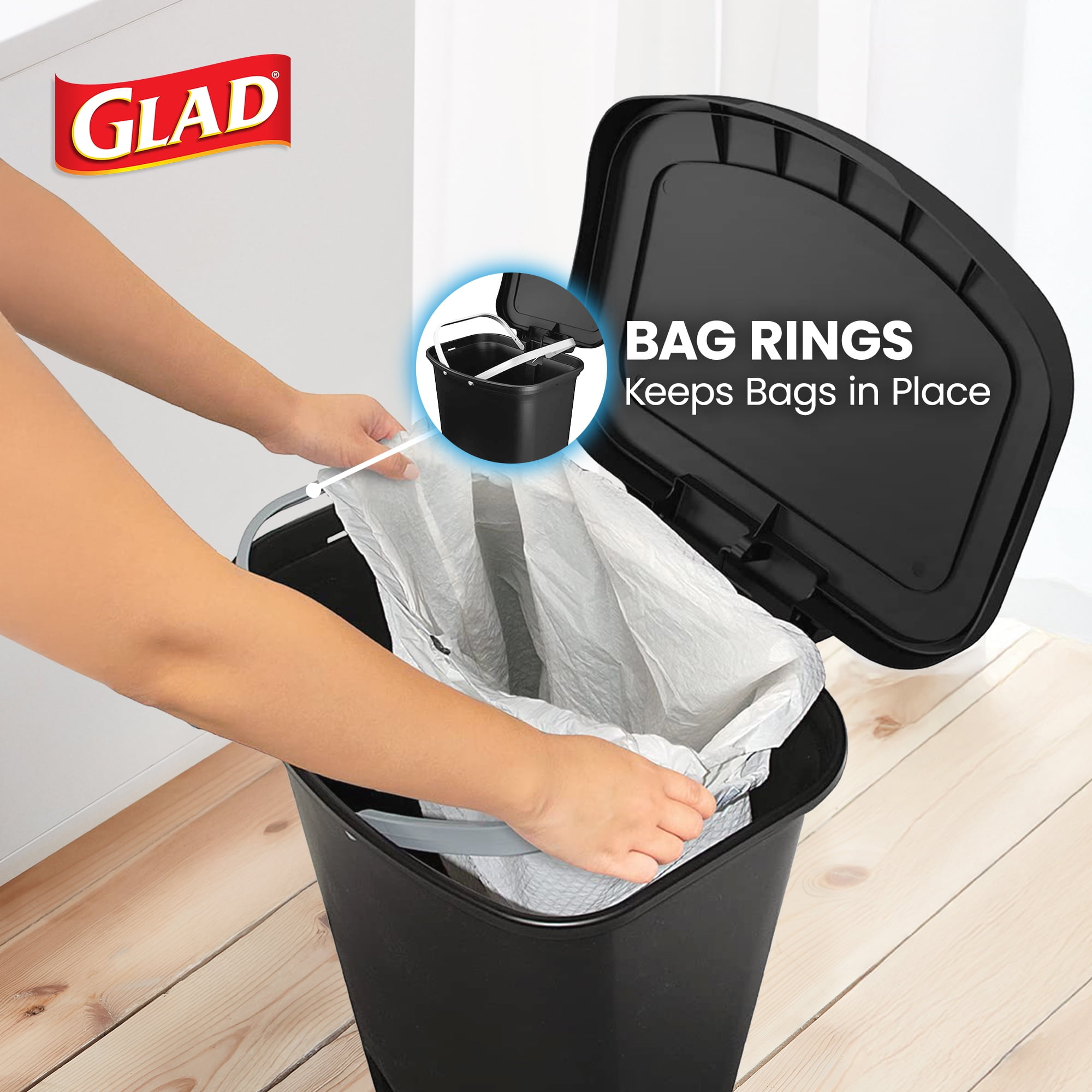 Open Box Glad Trash Can w/Lid, Foot Pedal & Garbage Bag Rings, 13 Gal, Black