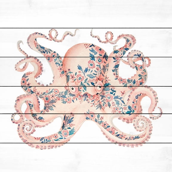 Marmont Hill "Floral Octopus" By Dantell Painting Art Print On White Wood, 40.0" x 1.5"