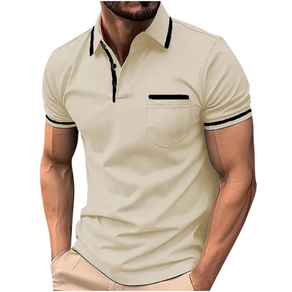 hoksml Mens Polo Shirts Short Sleeve Leisure Solid Color Collared Golf T-shirt Versatile Pocket Button Lapel Colour Blocking Top Elastic Cuffs 2025 on Clearance