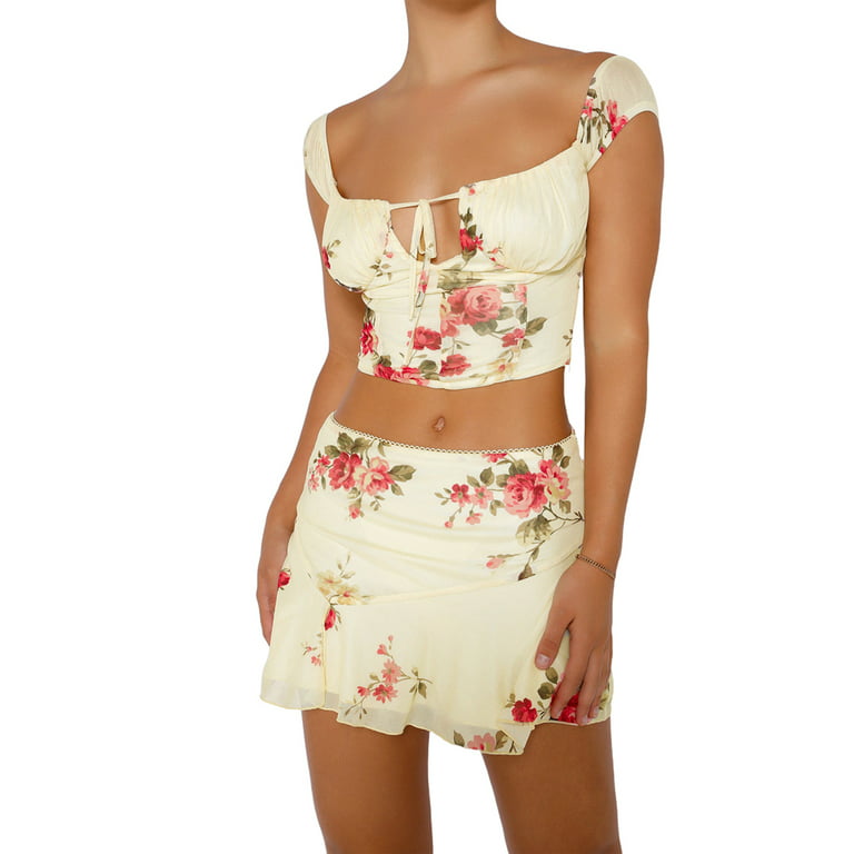 Summer Beach Dress Set Women Slim Corset Cropped Top Long Skirts Classy  2Pcs Set