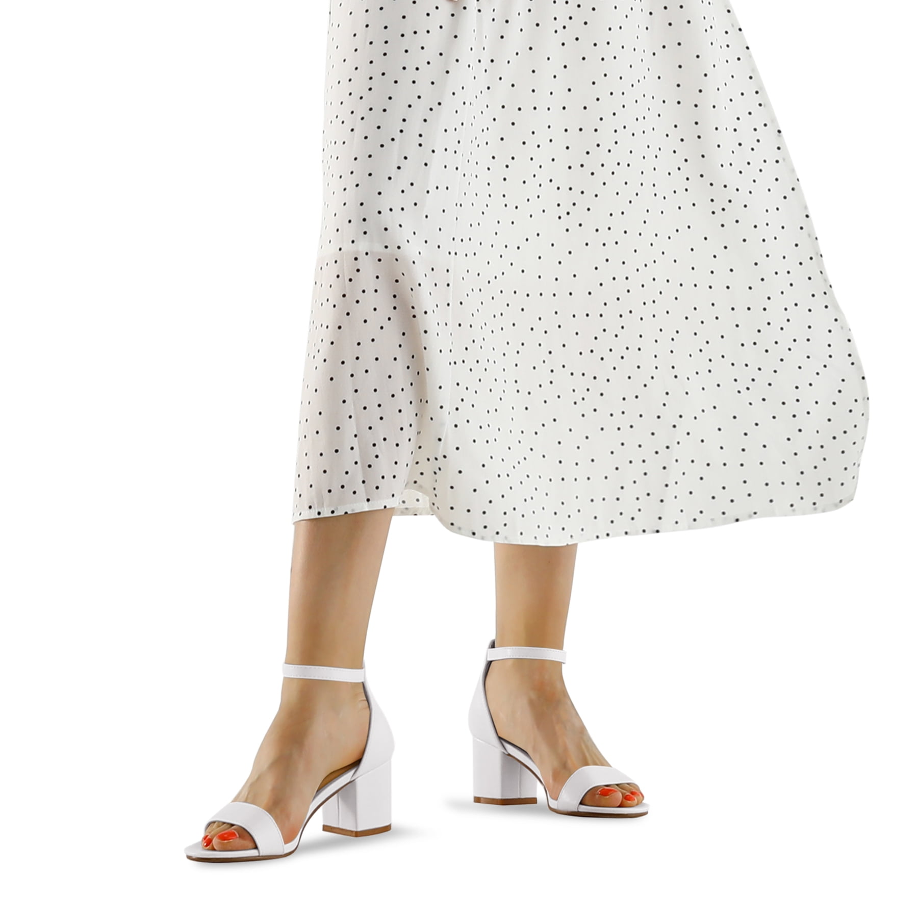 Pennysue Women's Chunky Low Heels Sandals, White PU, Ankle