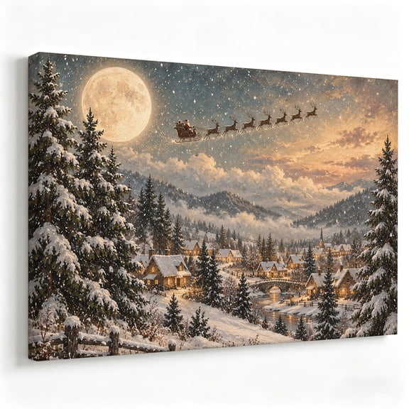 Santa Sleigh over Snowy Village Wall Art, Full Moon and Mountain Winter Landscape Print, Traditional Christmas Decor for Living Room 8×12 inch