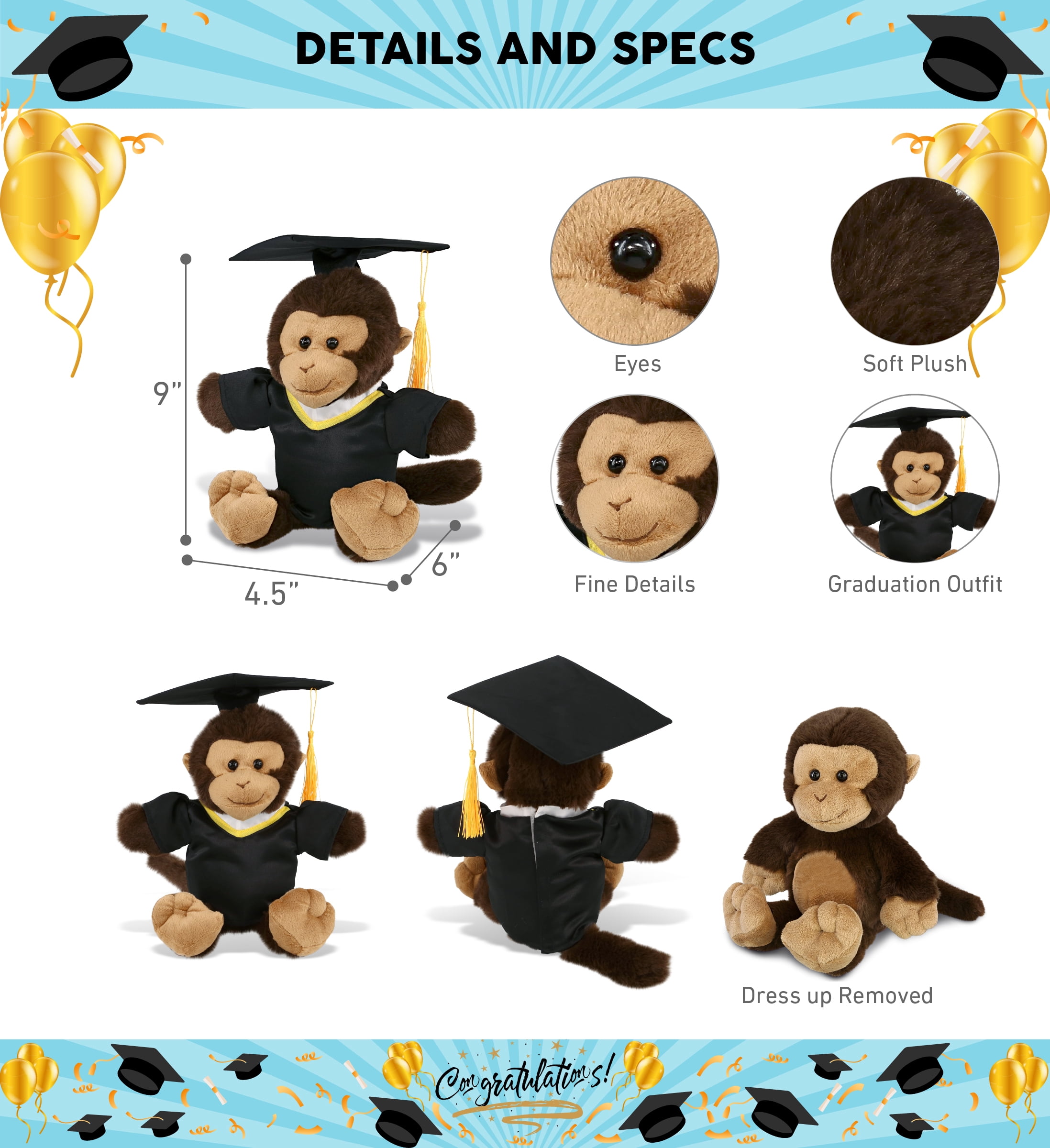 DolliBu Monkey Graduation Plush Toy - Soft Huggable Graduation Stuffed Animal Dress Up with Gown and Cap with Tassel Outfit - Cute Congratulatory Graduation Gift - 9 Inches