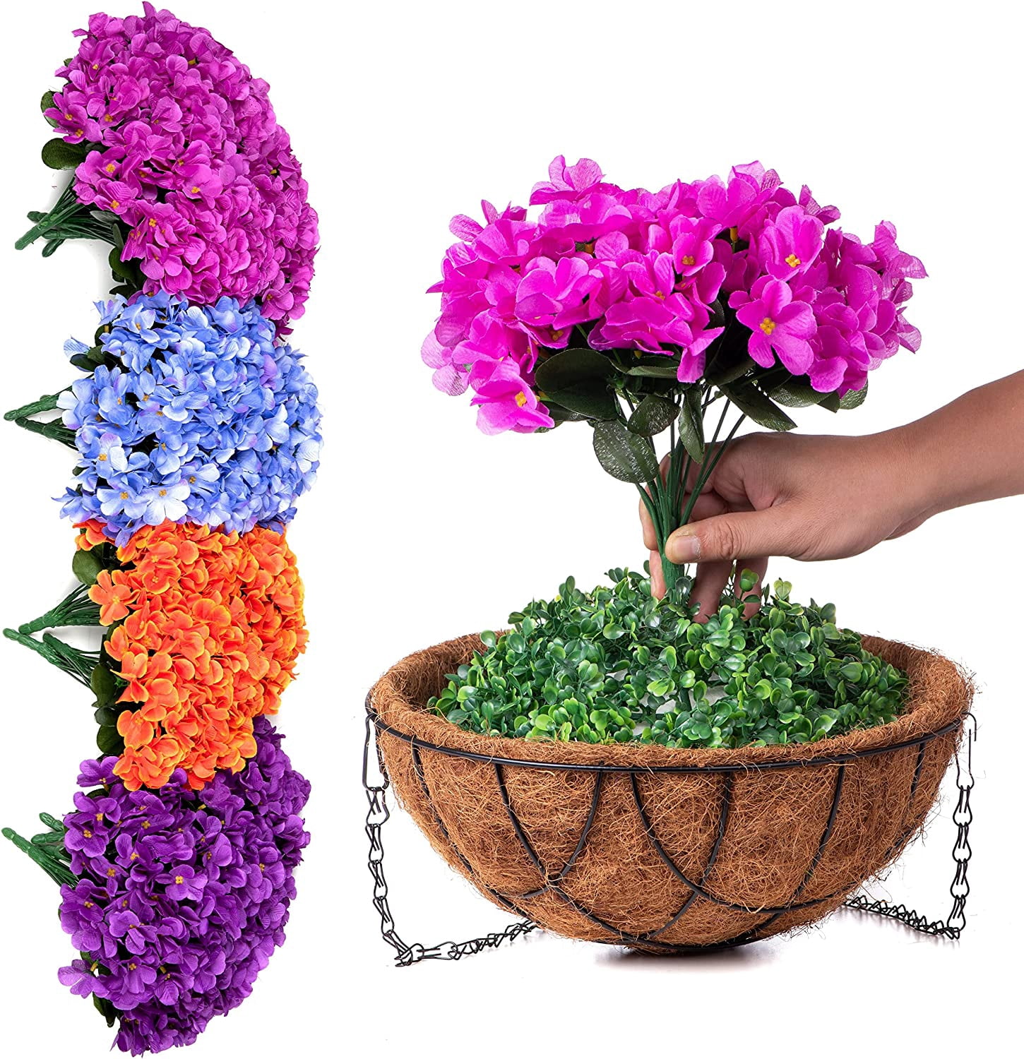 Artificial Hanging Flowers with 12" Basket Outdoor Spring Summer Decor, Fake Hydrangea UV Resistant Arrangements in Pot Planter Decor for Indoor Porch Garden Yard (Double Blue)