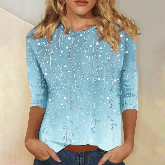Nfurl 3/4 Length Sleeve Tops For Trendy Elegant Floral Graphic Crewneck Tee Shirts Lightweight Comfy Womens Blouses Fall Pullovers