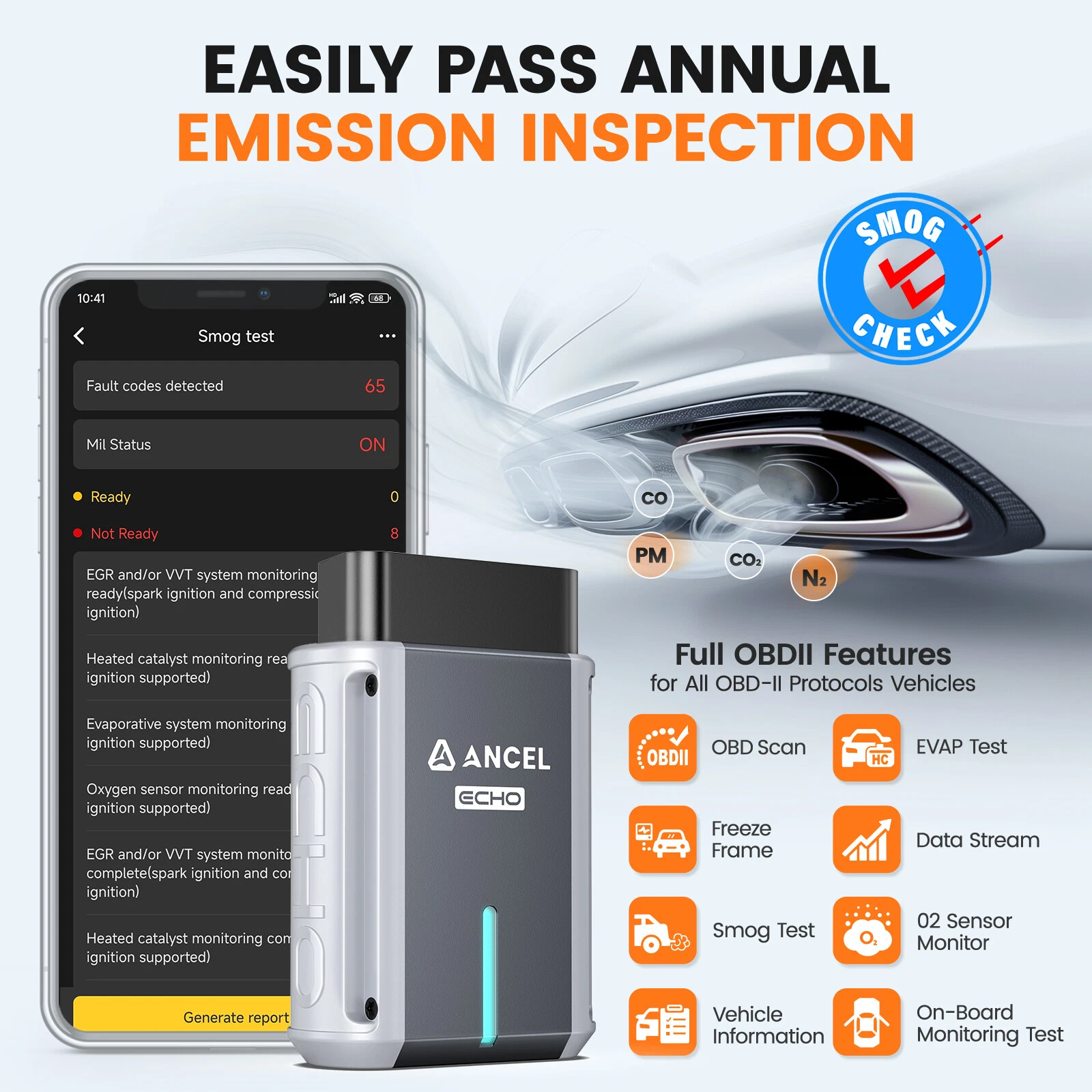 ANCEL ECHO OBD2 Scanner Bluetooth Full System Diagnostic Tool Bidirectional Code Reader for IOS & Android, Full OBD2 Function, 3+ Maintenance, Lifetime Free Update