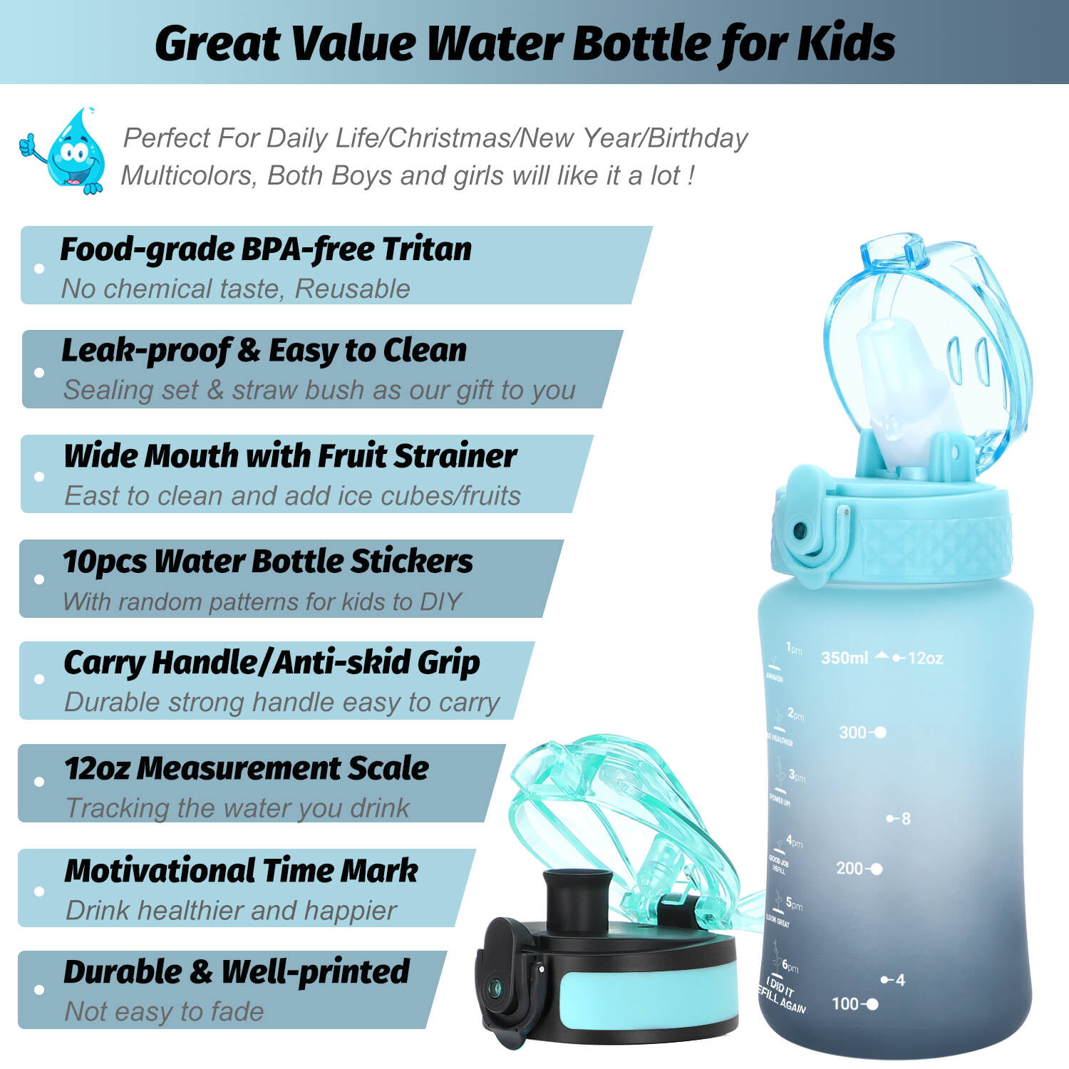  Oldley Insulated Water Bottle 12oz Kids Water Bottles with  Straw, Stainless Steel Water Bottle with 2 Lids,Double Wall Vacuum Bottle,  Leak-Proof Sport Bottles for School Travel, Leaf-Green Blue: Home & Kitchen