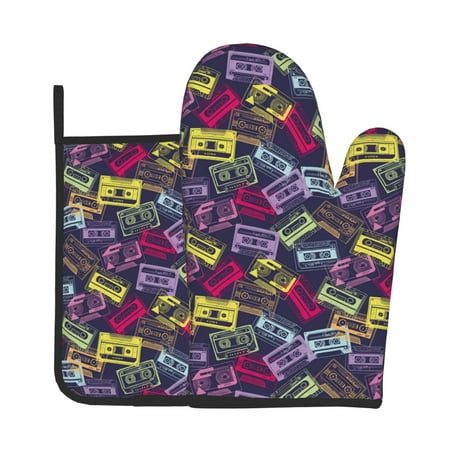 

Tebeau Retro Cassette Music Print Oven Mitts and Pan Racks 2-Piece Set Kitchen Oven Mitts and Pan Racks Heat Resistant 500 °F for Baking and Cooking