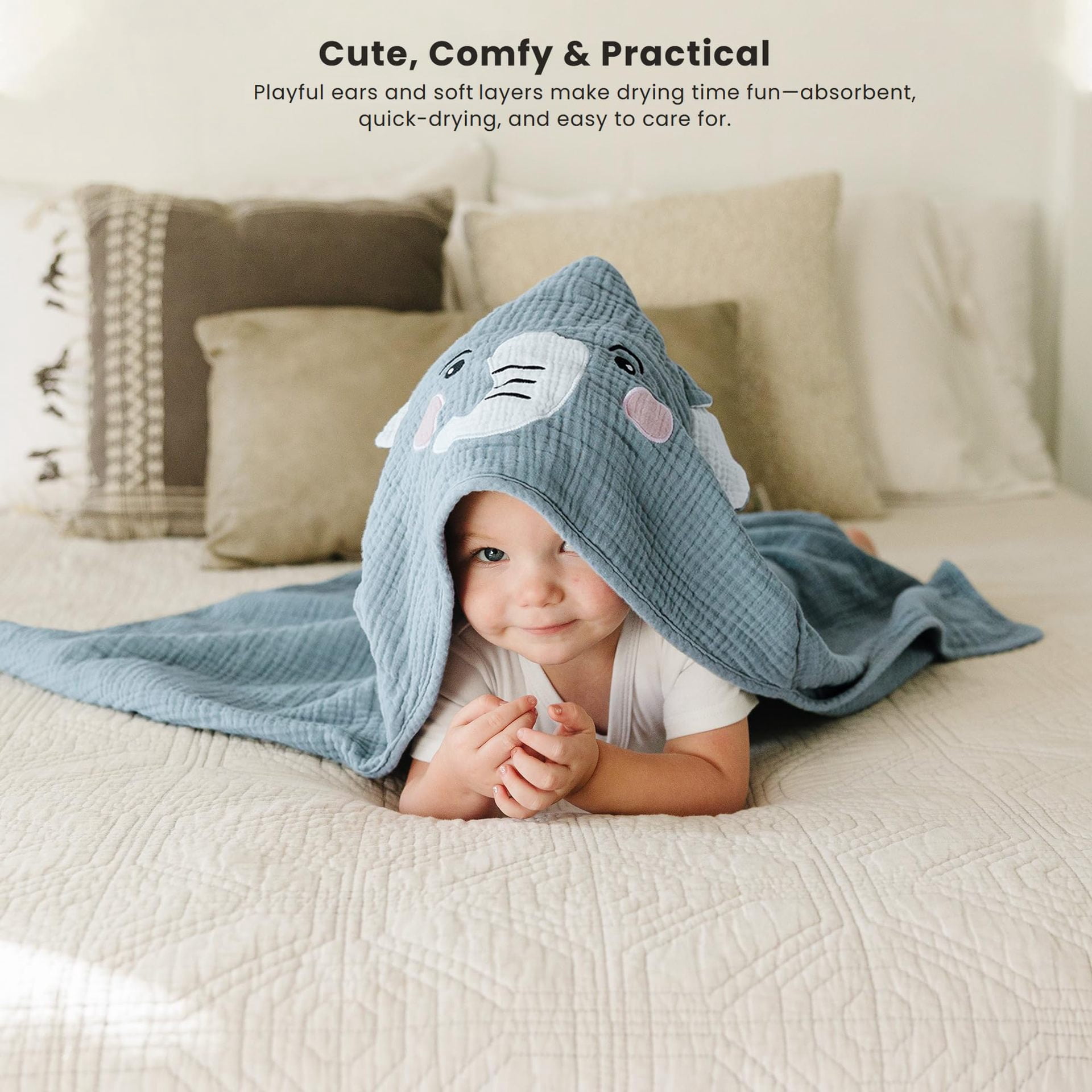 WIBACKER Baby 100% Cotton Muslin Cartoon Hooded Bath-32 x 32 Inches Towels Soft & Absorbent Bath Towel for Newborn Infant Essential Baby Gift