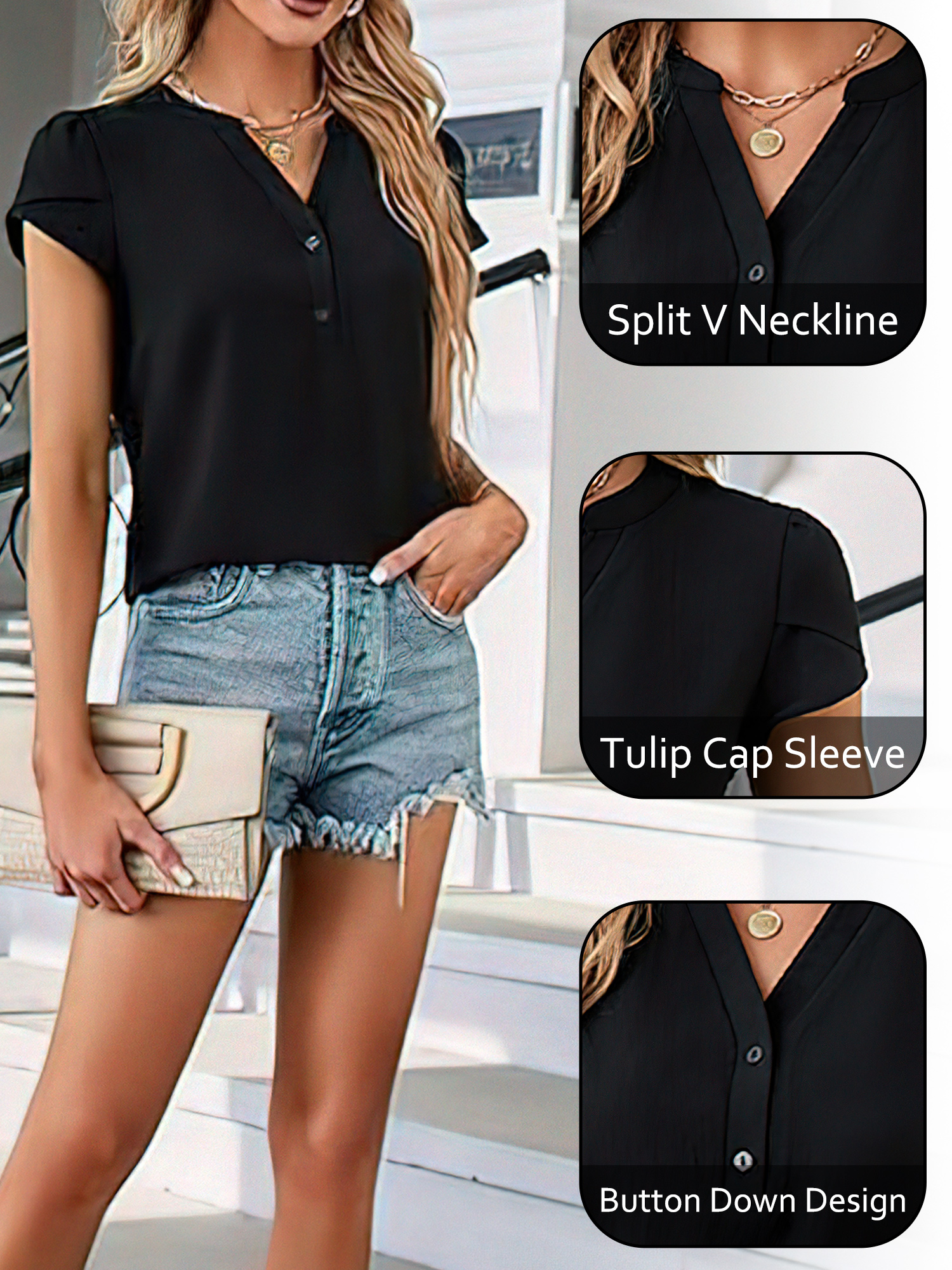 VDJ Women's Business Casual Short Sleeve Blouse, Black photo 3