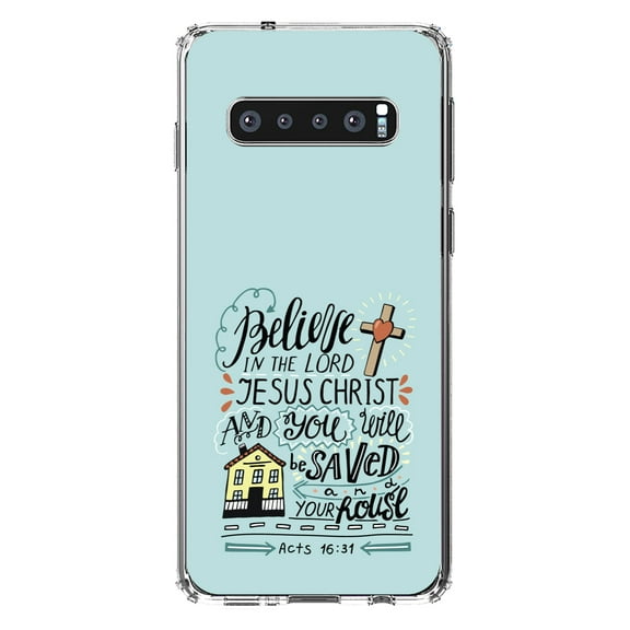 DistinctInk Clear Shockproof Hybrid Case for Samsung Galaxy S10  PLUS(6.4" Screen) - TPU Bumper, Acrylic Back, Tempered Glass Screen Protector - Acts 16:31 - Believe in the Lord Jesus Christ