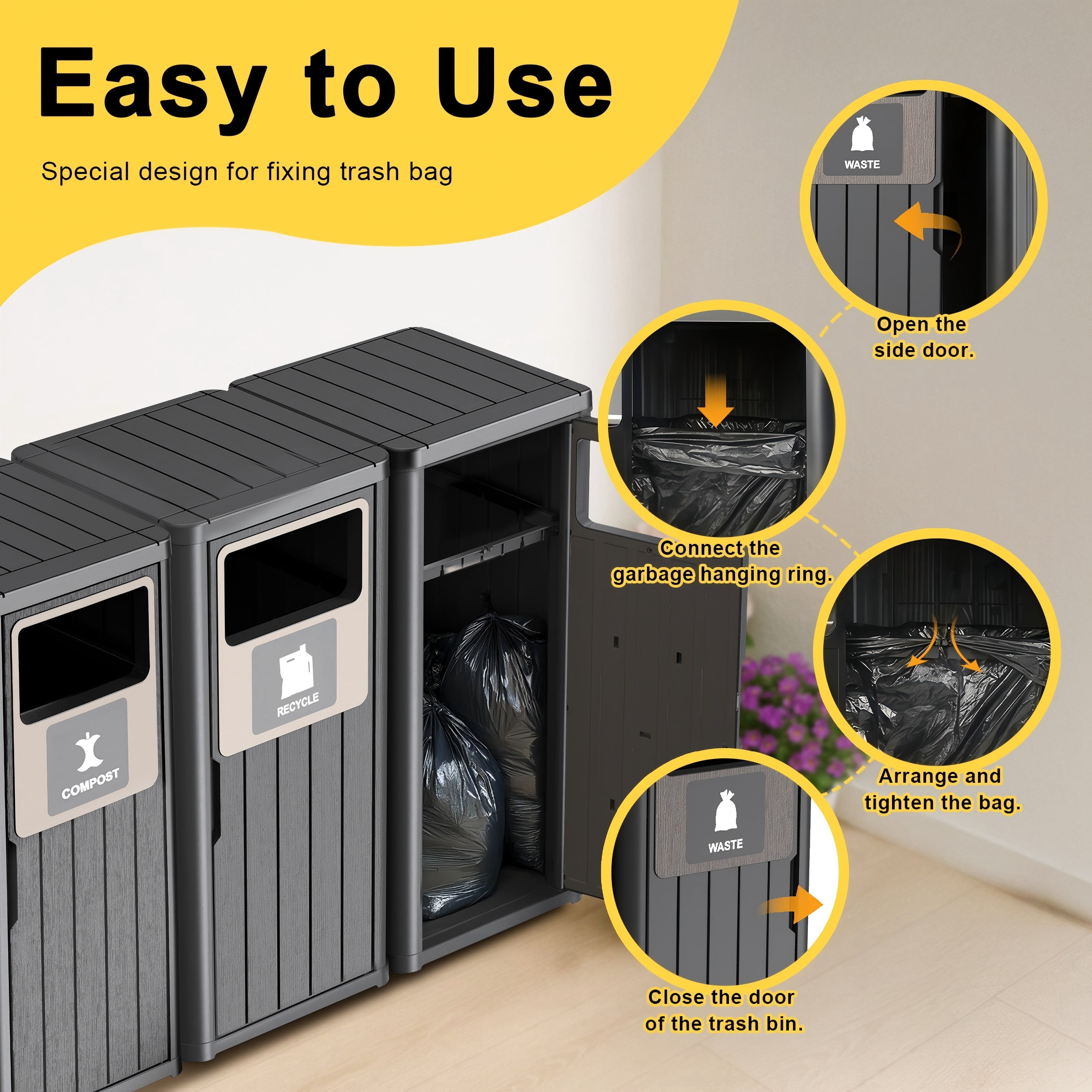 Outdoor Single Barrel Trash Can,Waterproof Resin Garbage Can with Garbage Labels,Durable Waste Bin for Porch, Backyard,Kitchen,for 30 to 39 Gallon Trash Bags（Black，3)