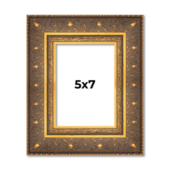 5x7 Frame Vintage Gold Solid Wood Picture Frame | 2.5 Inch Moulding Width | Ornate Bronze Museo