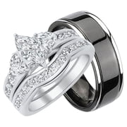 His Hers Trio Wedding Ring Set Sterling Matching Titanium Bands for Him Sterling Silver for Women Men