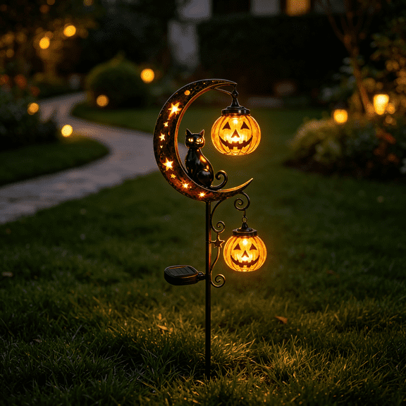 Solar Halloween Garden Stake Light, Black Cat Crescent Moon with 2 Pack Hanging Pumpkin Lantern, Waterproof Warm White LED Halloween Yard Decorations