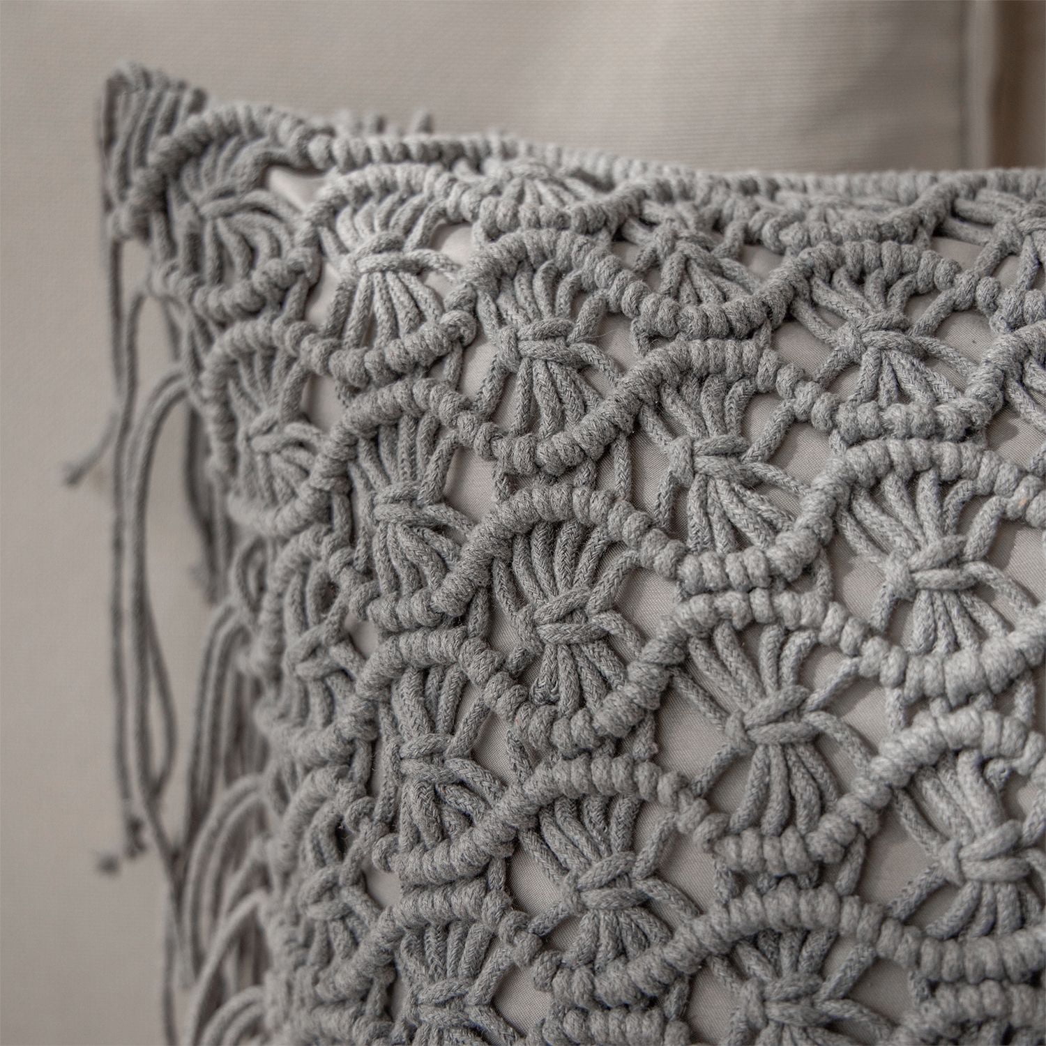 Phantoscope 100% Cotton Handmade Crochet Woven Decorative Throw Pillows, 18 x 18 in Square Cushions with Tassels, Boho Style, Light Gray, 2 Pack