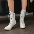 thumbnail image 2 of Vintage Mid Calf Combat Boots for Women Cocktail Party Medival Leather Pointed Toe Kitten Heel Dress Short Booties White Size 7.5, 2 of 7