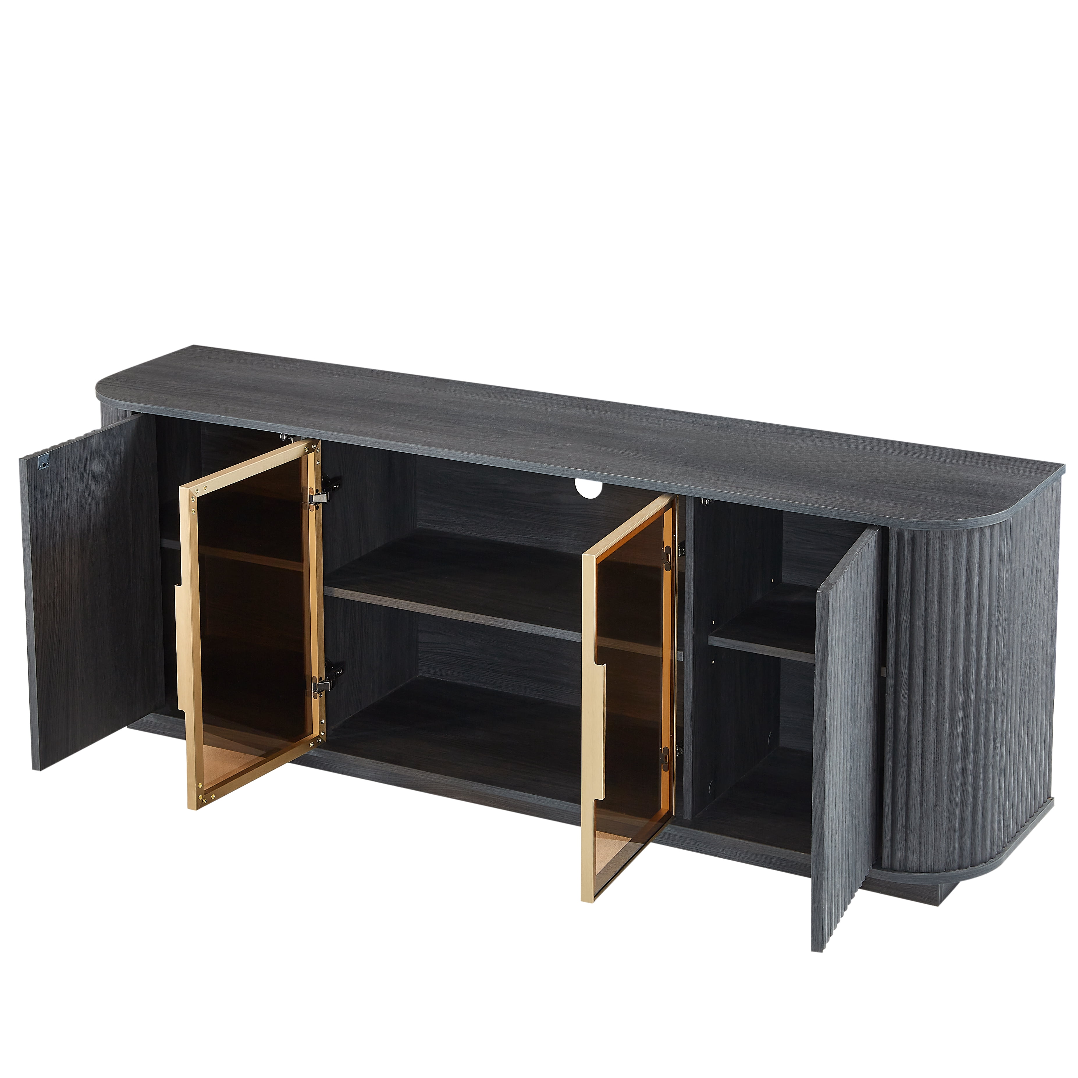 64 Inch Wavy TV Cabinet and Sideboard with Aluminum Framed Tempered Glass Doors, Wood Vertical Stripe Storage Cabinet with LED Lights for Living Room, Black
