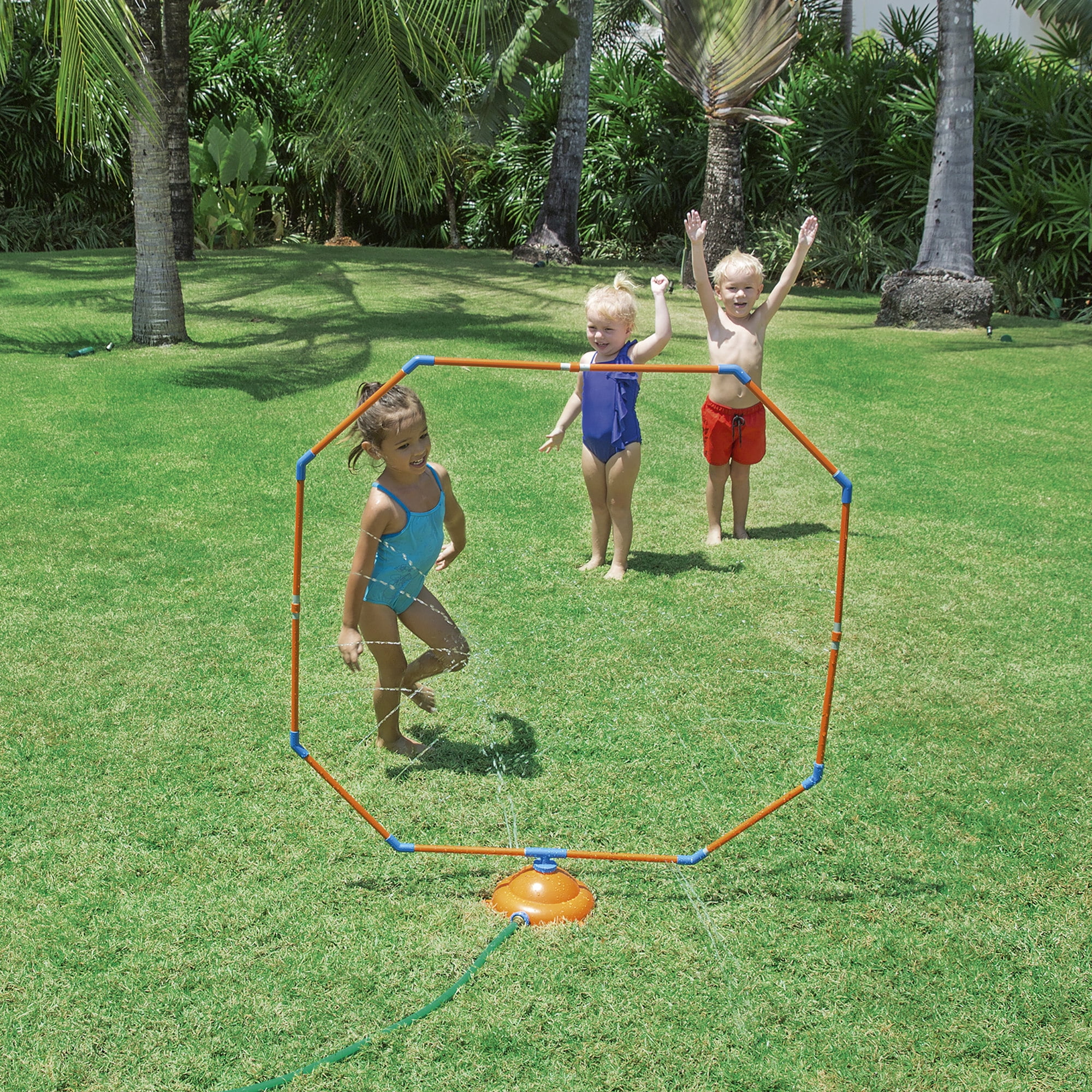 Bestway: H2OGO! Hydro Hoop Water Sprayer Sprinkler - Blue & Orange, Octagon Shaped, Rotating Water Splasher Blaster, Outdoor & Backyard Play, Kids 3+