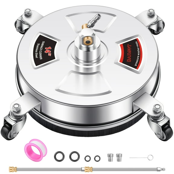 DAIMOT 14" Pressure Washer Surface Cleaner with 4 Wheels - Stainless Steel Surface Cleaner for Pressure Washer Attachment for Concrete, Patio, Sidewalk, Deck and Driveways