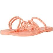 Steve Madden Skyler-J Orange Leather Studded Strappy Slip On Open Toe Flat Sandal (6.5, Orange)
