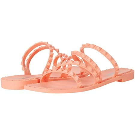Steve Madden Skyler-J Orange Leather Studded Strappy Slip On Open Toe Flat Sandal (6.5, Orange)