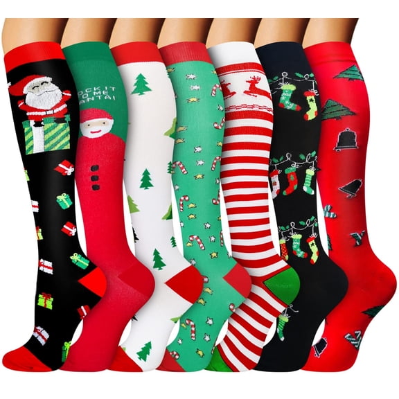 8 Pairs Christmas Medical Sport Compression Socks - 15-20mmhg Graduated Knee-High Support for Men & Women, Ideal for Soccer, Running, and Nurses