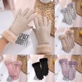 thumbnail image 2 of 1 Pair Women Gloves Thickened Plush Wrist Soft Touchscreen Flower Embroidery Keep Warm Solid Color Autumn Winter Adults Motorcycle Riding Gloves for Outdoor, 2 of 10