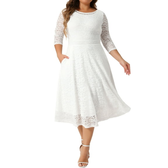 Agnes Orinda Women's Plus Size Dress Floral Lace Scooped Neckline 3/4 Sleeves with Pocket Knit Cocktail Party Dresses 1X White