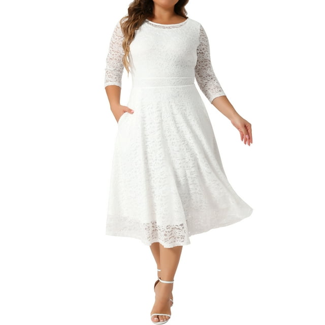 Robe Grande Taille pour Femmes Dentelle Florale Col Rond Manches 3/4 avec Poche Robe de Cocktail Tricotée 2X Blanc