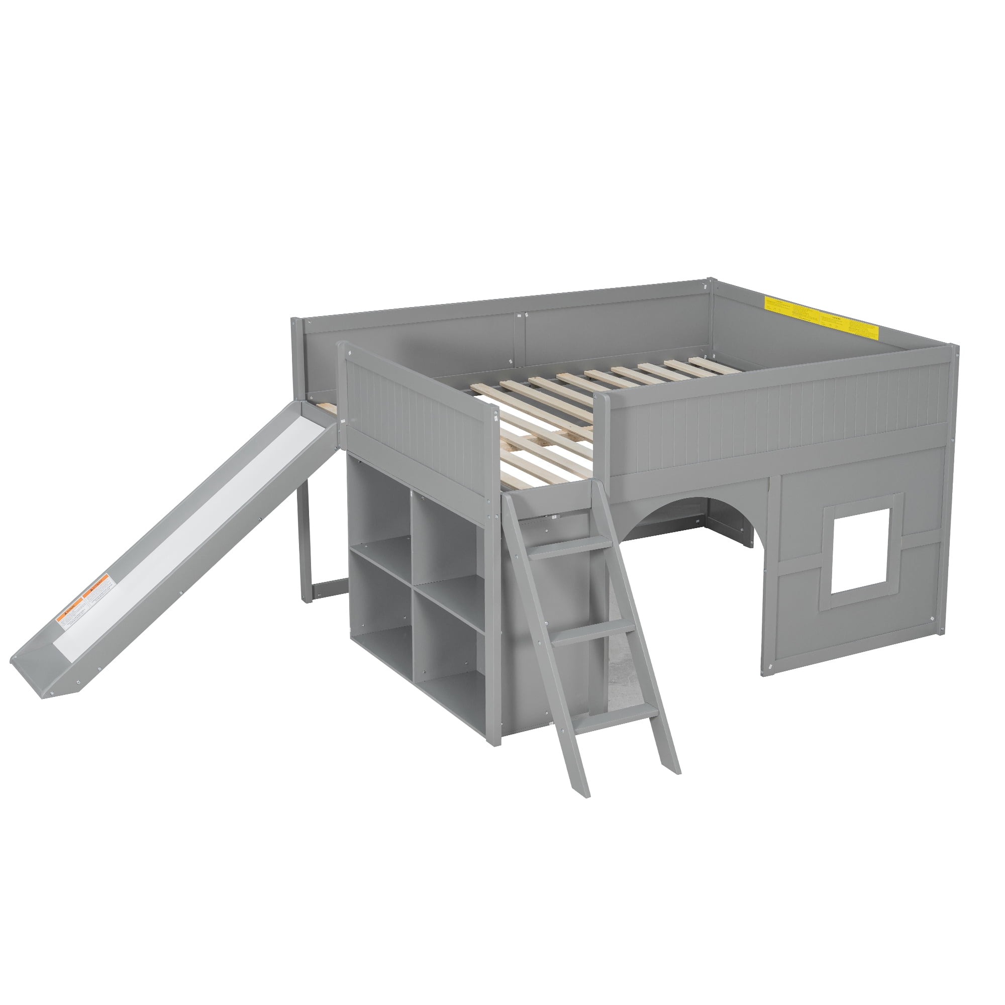 Euroco Full Size Loft Bed with Shelves and Ladder, Low Profile Wood Bed with Door and Window Design, Gray