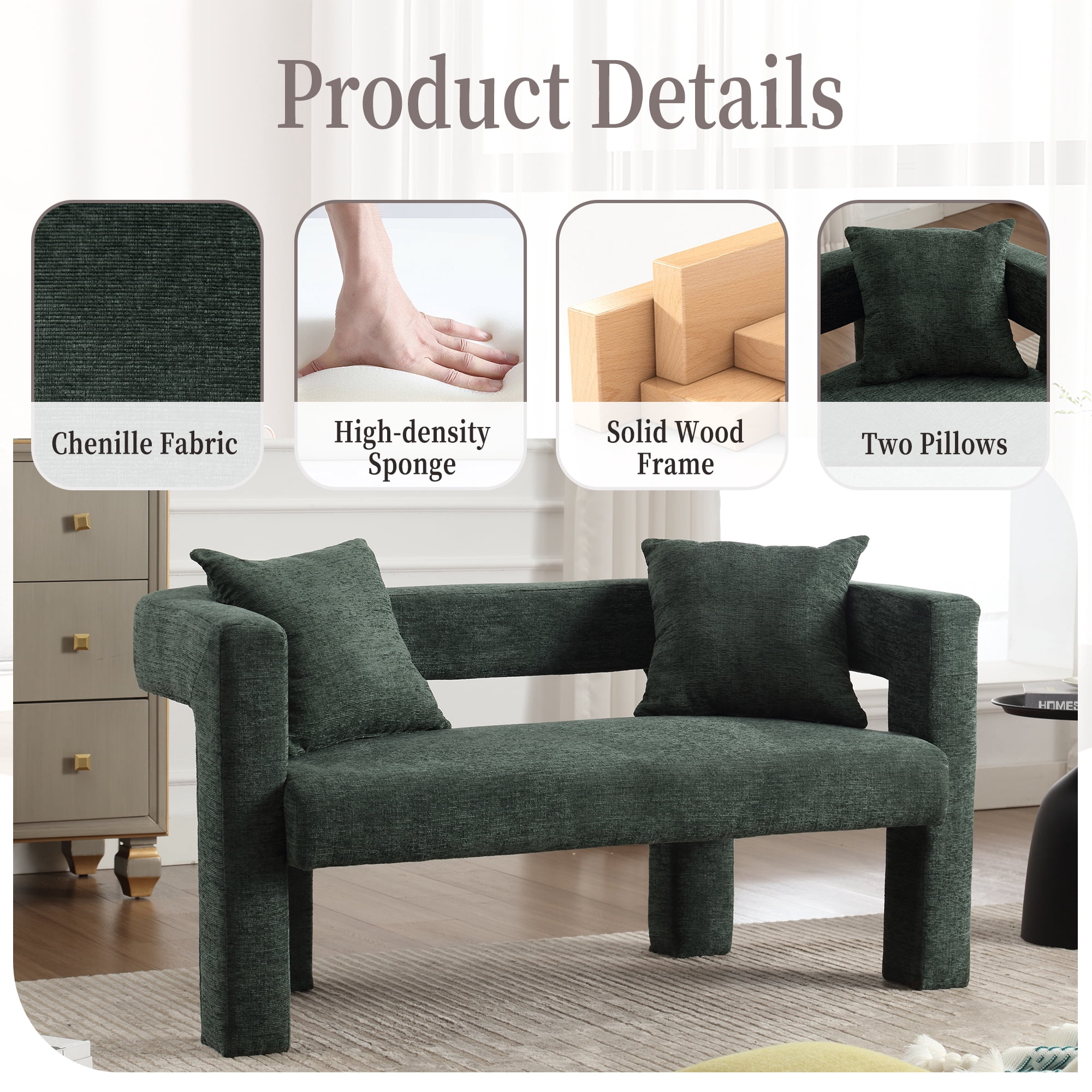MOONMISS Chenille Upholstered Modern Comfy 2-Seater Loveseat Chair with 2 Pillows-Emerald