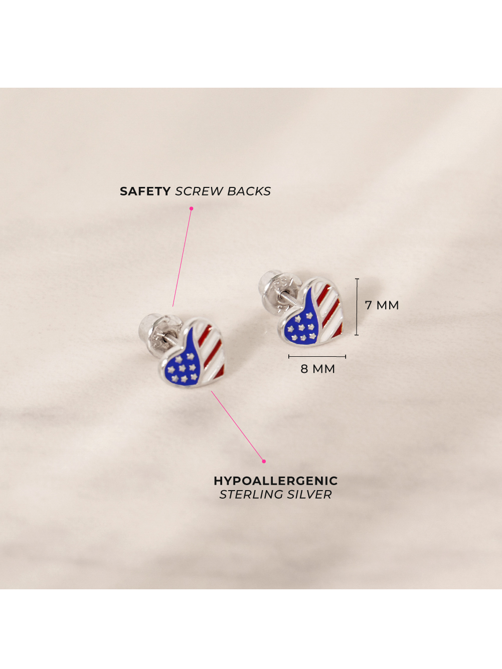 Patriotic Heart Kids / Children's / Girls Earrings Enamel - Sterling Silver