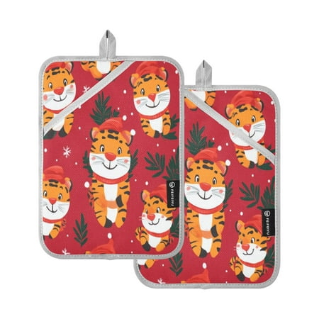 

Two Pieces Of Square Heat Insulation Pad Oven Mitts 7x9.8 Inch Oven Microwave Kitchen Cooking Baking Cartoon Christmas Tiger