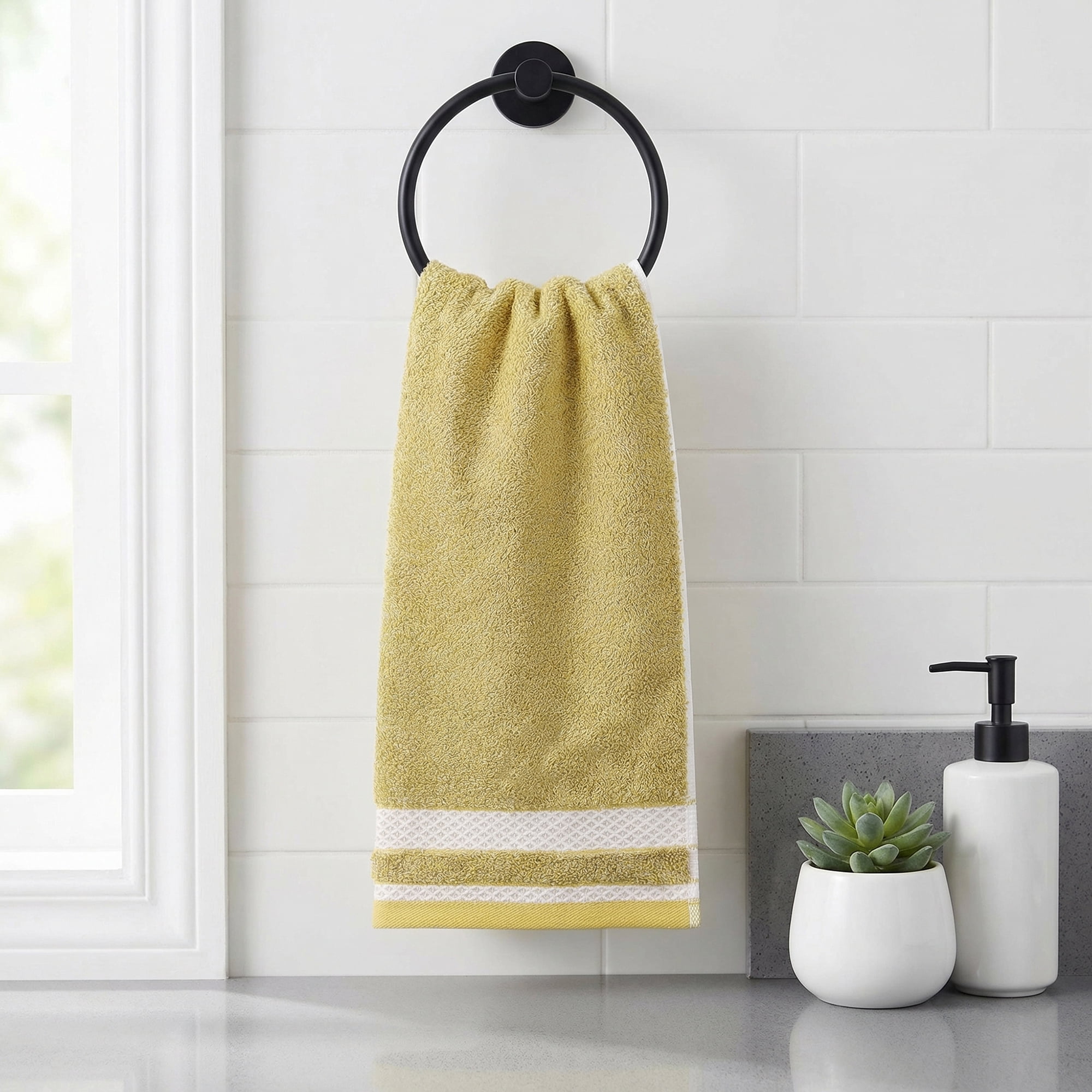 Unique Bargains Cotton Hand Towels with Textured Stripe Border Yellow 29" x 13"