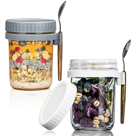 MesaSe 2Pcs Overnight Oats Container with Stainless Steel Spoon Lids 10oz Food Grade Breakfast On the Go Cups Reusable Airtight Overnight Oats Jars Portable Yogurt Container for Milk Cere