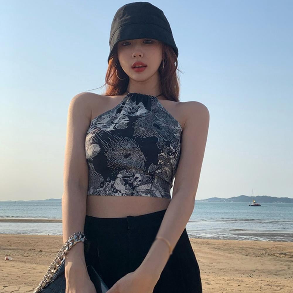 Women's Retro Print Halter Bandage Slim Sexy Exposure Navel Women's Retro Print Halter Bandage Slim Sexy Exposure Navel
