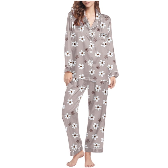 successthop Button Up Pajamas for Women Floral Long Sleeve Lapel Nightwear and Pj Pant Print Sleepwear with Pockets Gray