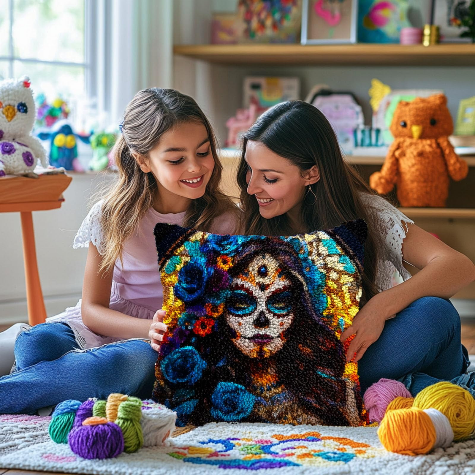 Skull Woman Beauty and Rose DIY Latch Hook Pillow Kits for Adults Printed Pillowcase Crochet Yarns Hooking Handmade Pillow Cover Cushion for Home Sofa Decoration 17x17inch